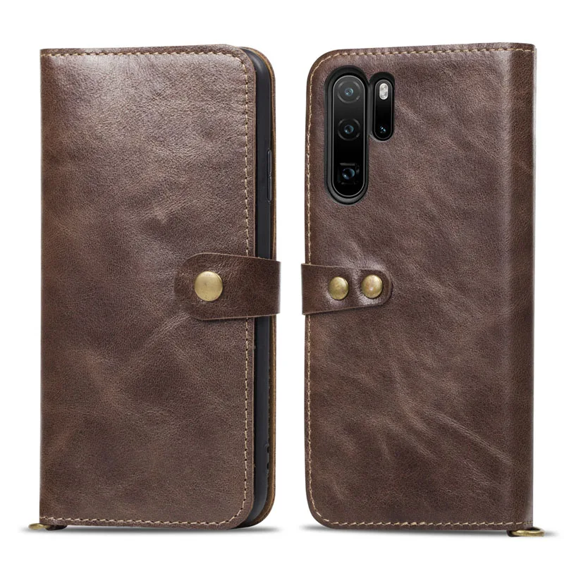 Dark Brown Винтажный чехол из натуральной кожи с откидной крышкой для телефона huawei mate 10pro 20pro P20 P20pro P30 P30pro P30lite, супер роскошный чехол-кошелек, сумки - Color: Dark Brown