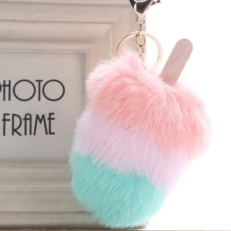

New Ice Cream Keychain Rabbit Fur Ball Pompom Keyrings for Women Bag Porte Clef Pompom Fur Ball Car Key Chain Jewelry WJ5533