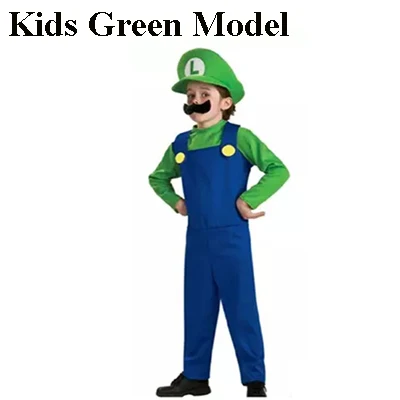 Kids Green Model Костюмы на Хэллоуин, костюм Супер Марио Луиджи, костюм для детей/взрослых, фантазия, косплей, комбинезон, костюм Марио, Братья Марио - Цвет: Kids Green Model