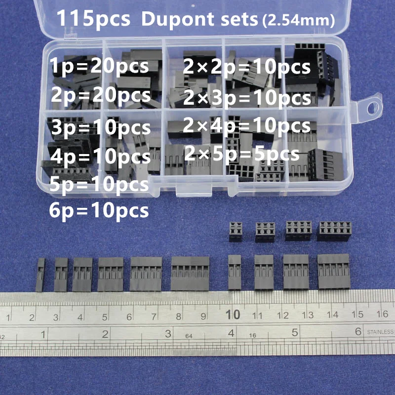 115pc Dupont sets Kit with box 1P/2P/3P/4P/5P/6P/2*2/2*3/2*4/ 2*5Pin Housing Plastic Shell Terminal Jumper Wire Connector set |