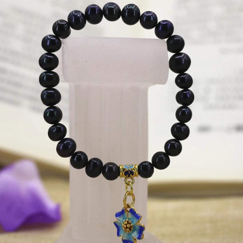 Амулеты натуральные 7-8 мм черные жемчужные бусины браслет и для женщин золотой