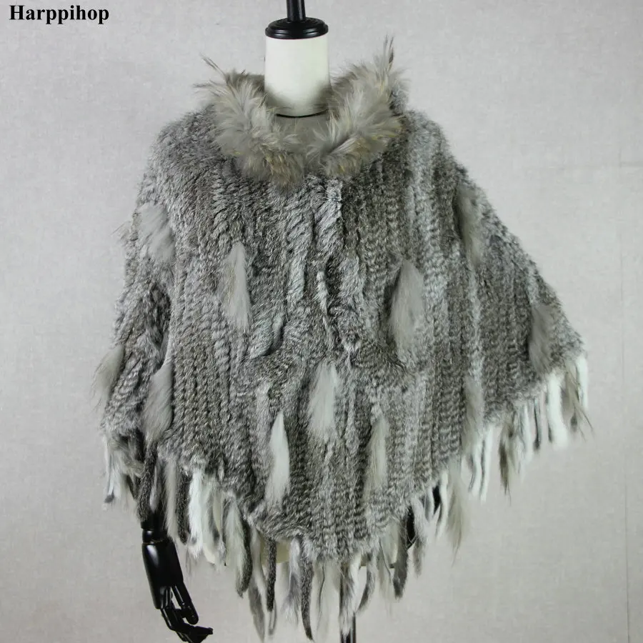 Женское пончо из натурального кроличьего меха отделка мехом енота шаль с