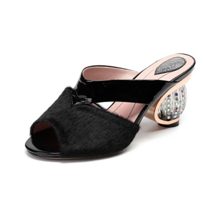 Женские шлепанцы FEDONAS черные сандалии на каблуке из конского волоса лето