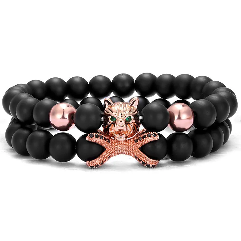RoseGold TANGYIN 2 шт./компл. 8 мм бусины из натурального камня браслет золотой голова Волка микро инкрустированные Осьминог аксессуары браслеты для мужчин и женщин - Окраска металла: RoseGold