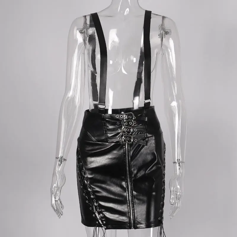 2019 Новая Летняя женская готическая мини повязная юбка черные подтяжки на молнии