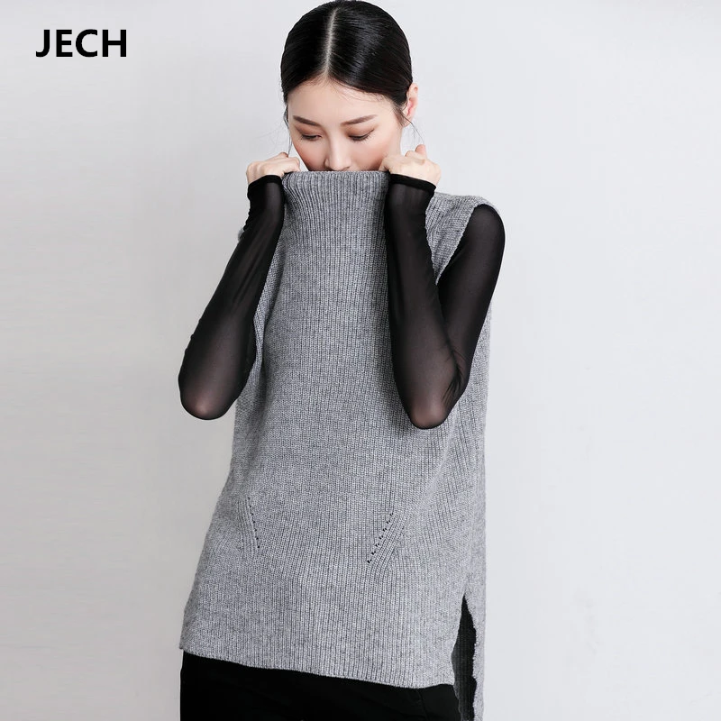 

JECH Winter Cashmere Wool Turtleneck Vests Women Back Split Sleeveless Sweaters Casual Fashion Pullovers Solid Female Knitted