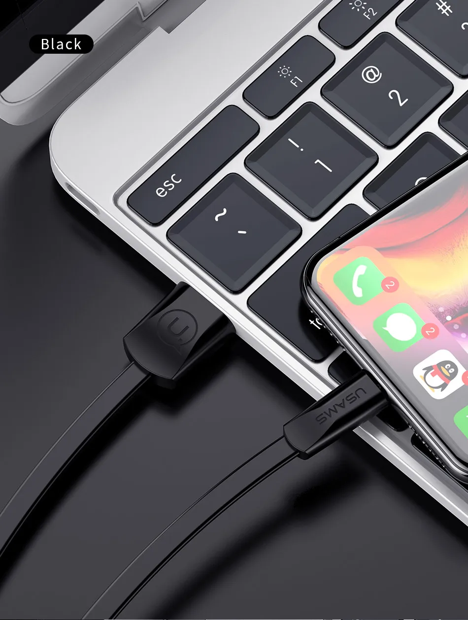 Плоский зарядный кабель для iPhone xs max x 8 7 6 Plus iPad USAMS 0,6 м 1,2 м 2 м 2A кабель передачи данных для быстрой зарядки для iPhone Кабель зарядного устройства