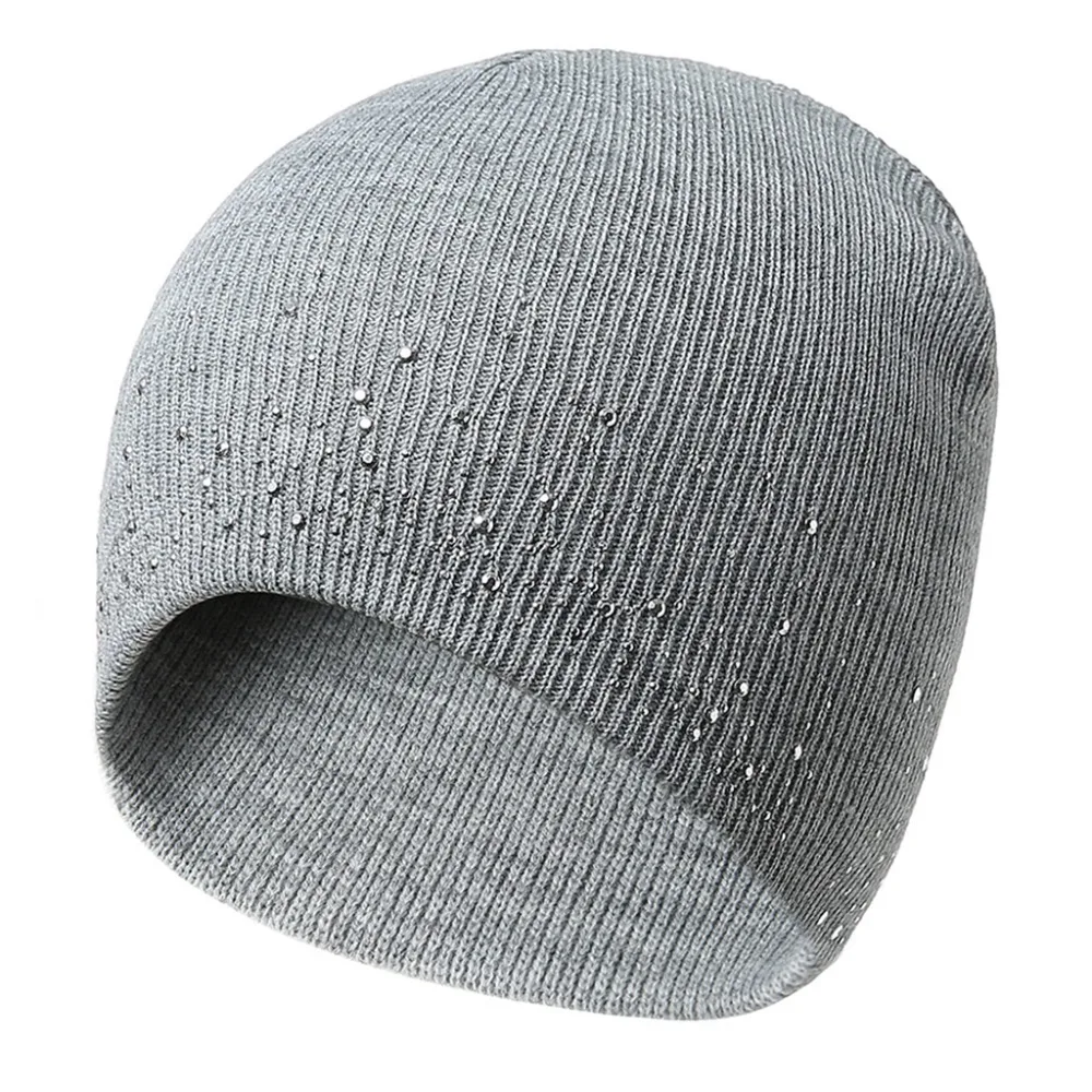 Womens Knitted Beanie Hat Rhinestones Winter Warmer Ski Slouchy Caps Solid Color | Аксессуары для одежды