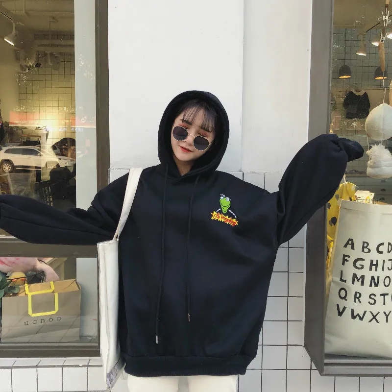 Толстовки с капюшоном для женщин Harajuku Большие размеры плюс бархат вышивка мультфильм пуловер для женщин s корейский стиль свободные шикарные свитшоты на каждый день