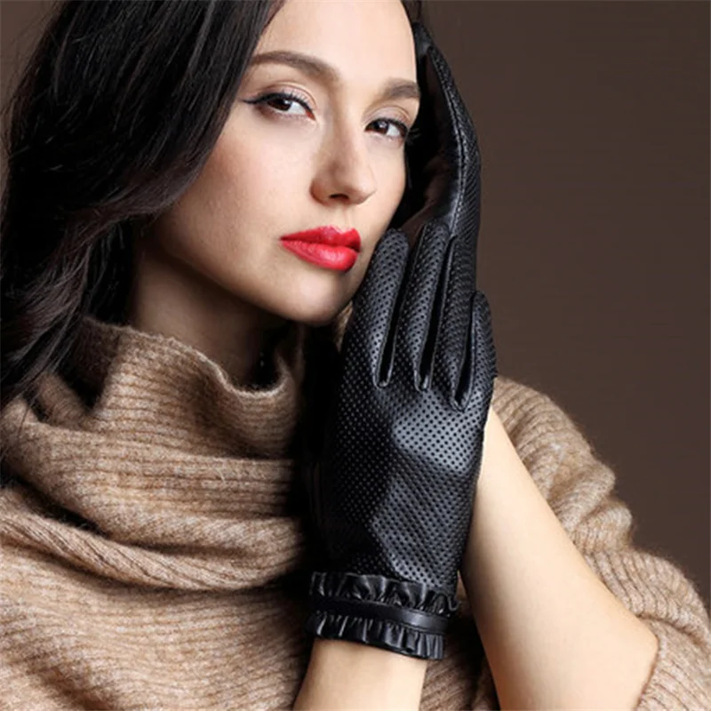 New Ladies Leather Gloves Goatskin Punch Driving Comfortable Thin Silk Gloves Female Factory Outlet 36-5