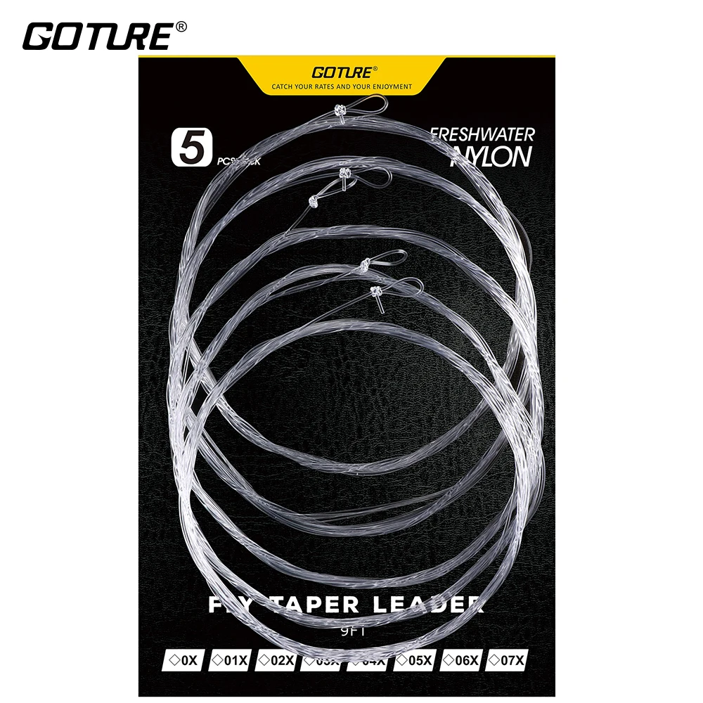 

Goture 5PCS 9FT/2.74M Fly Fishing Tapered Leader Clear Nylon Fishing Line With Loop 0X/1X/2X/3X/4X/5X/6X/7X Fly Line
