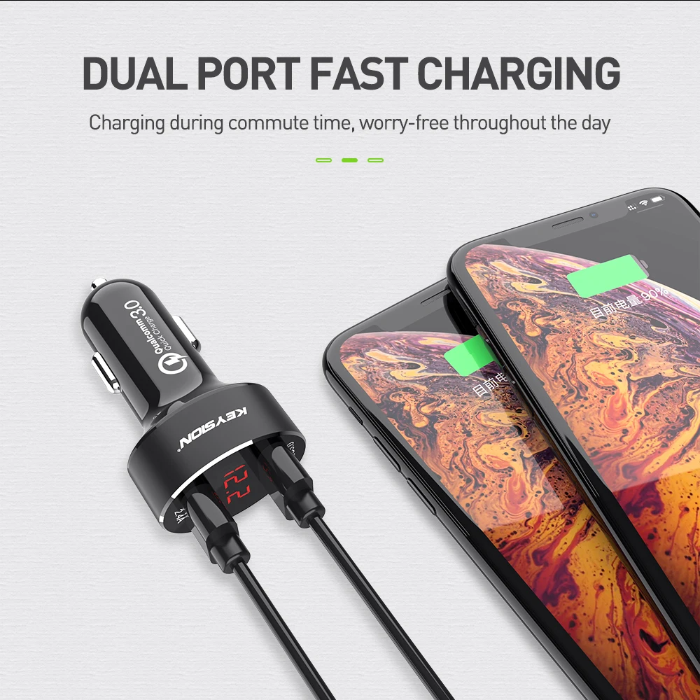 KEYSION Dual USB Quick Зарядное устройство QC 3,0 Автомобиля Зарядное устройство для iPhone XS Max XR X 8 7 samsung S9 Note9 светодиодный Дисплей цифровые умные зарядки