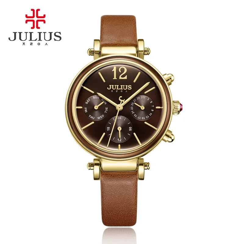 Коричневый Julius брендовые креативные часы Женская мода Chronos кварцевые часы Ретро Винтаж Montre Femme Авто день дата женские часы JA-958 - Цвет: Коричневый