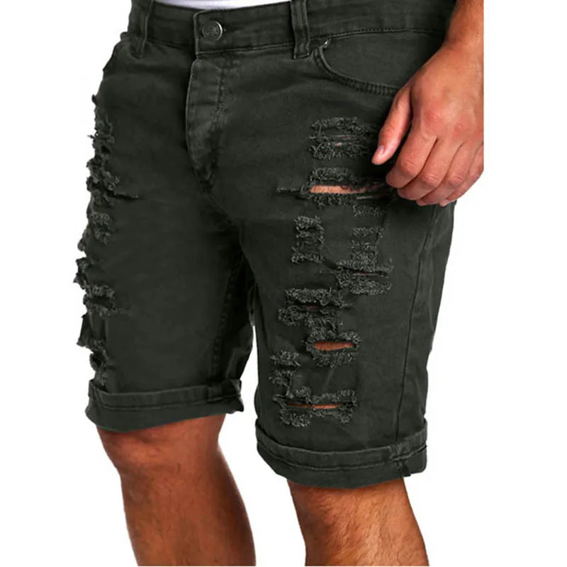 Мужские хлопковые шорты до колена повседневные облегающие с дырками середины