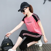 summer new womens casual sportswear suit female summer clothes short sleeved cropped trousers two piece bs7311