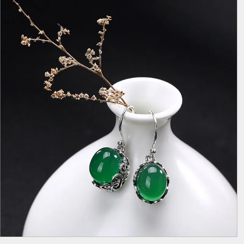 Женские серьги из серебра 925 пробы с натуральным зеленым халцедоном | Украшения и