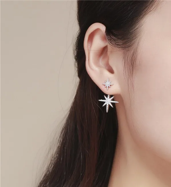 Женские серьги подвески со звездой из циркония S925 Асимметричная серьга Shine