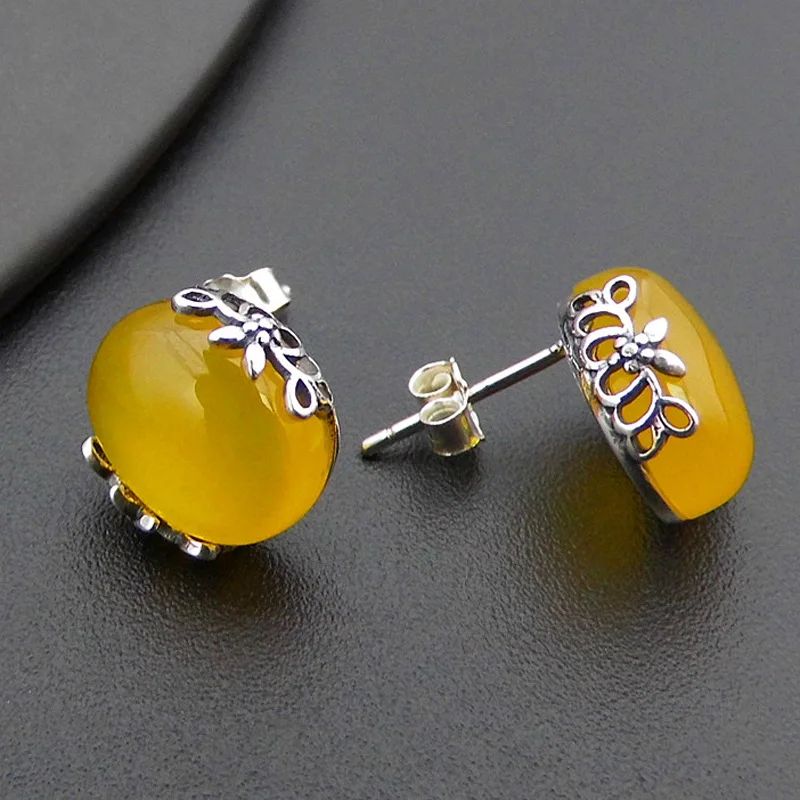 Женские серьги гвоздики из серебра 925 пробы с натуральным желтым агатом|stud