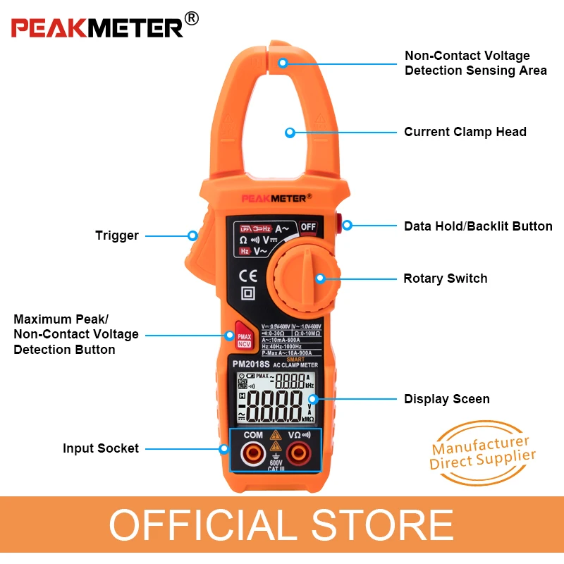 Официальный PEAKMETER портативный умный AC Цифровой клещи мультиметр переменного