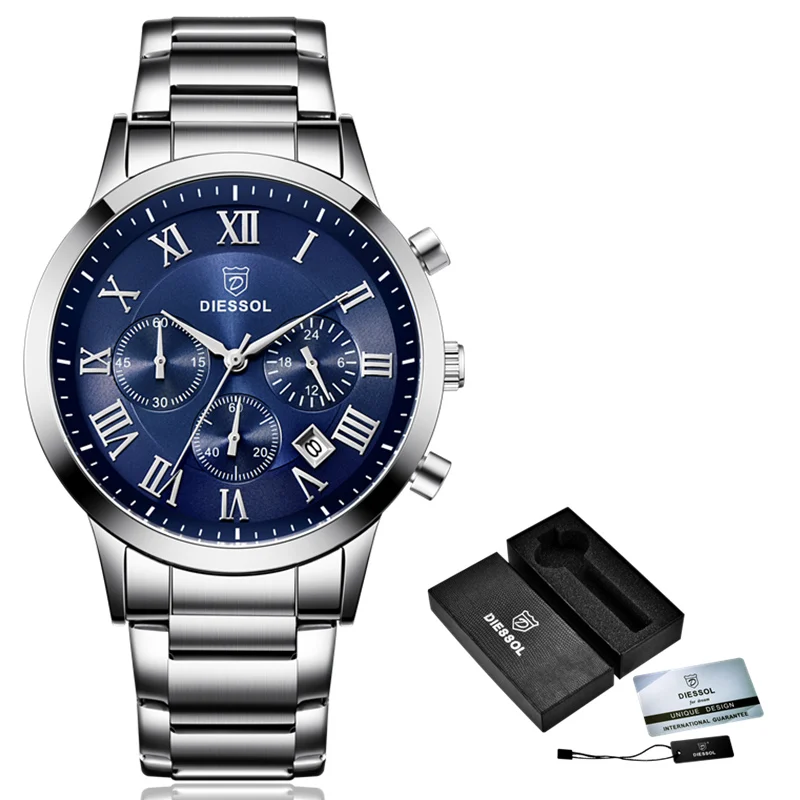 Silver Blue DIESSOL мужские s часы лучший бренд класса люкс Бизнес Кварцевые часы мужские повседневные стальные водонепроницаемые спортивные наручные часы Relogio Masculino - Цвет: Silver Blue