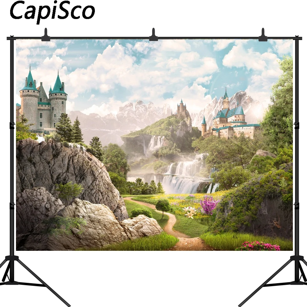 

Capisco photography background mountain castle wonderland sky cloud stone trees natural scenery photo backdrop photophone