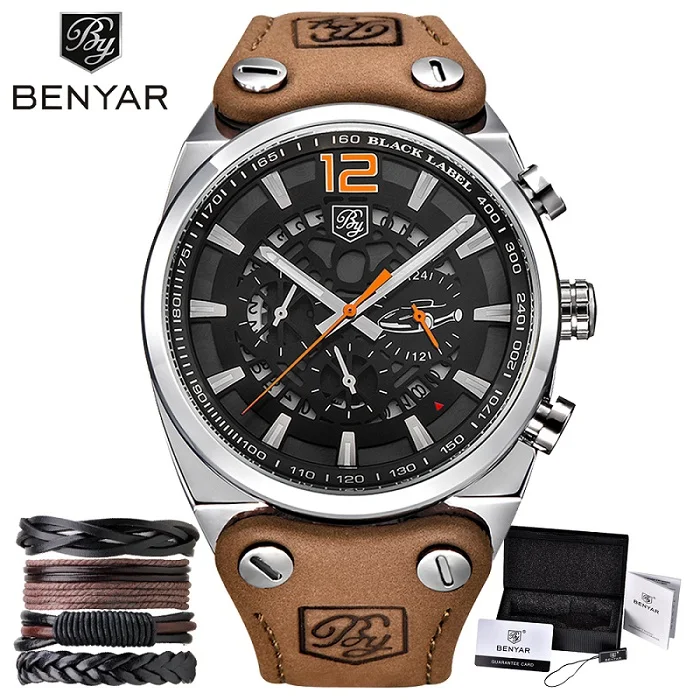 Brown Black Orange BENYAR армейские военные мужские часы мужские коричневые Топ брендовые Роскошные водонепроницаемые спортивные мужские часы кварцевые мужские наручные часы xfcs браслет - Цвет: Brown Black Orange