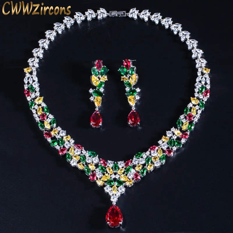 CWWZircons высокое качество капли воды кубического циркония свадебные цепочки и ожерелья Ювелирные наборы роскошные невесты ювелирные аксессуары T310 - Окраска металла: multi color