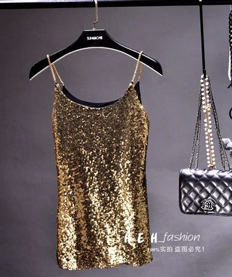 gold Cakucool, Женская майка с блестками, блестящая, с цепочкой, тонкая, роскошная, с бисером, на тонких бретельках, вечерние, сексуальные, базовые, Женская майка, 6 цветов - Цвет: gold