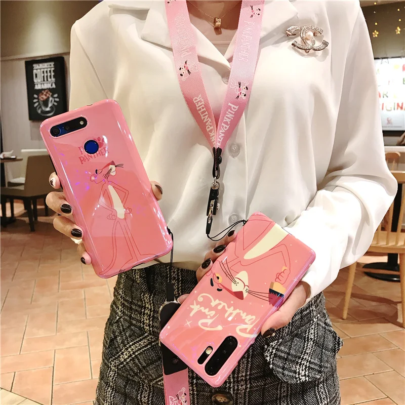 For Huawei P30 pro cute pink panther Soft back phone Cover for P20 mate 20 20X nova4 nova3i V20 Blue Ray cover +Strap |