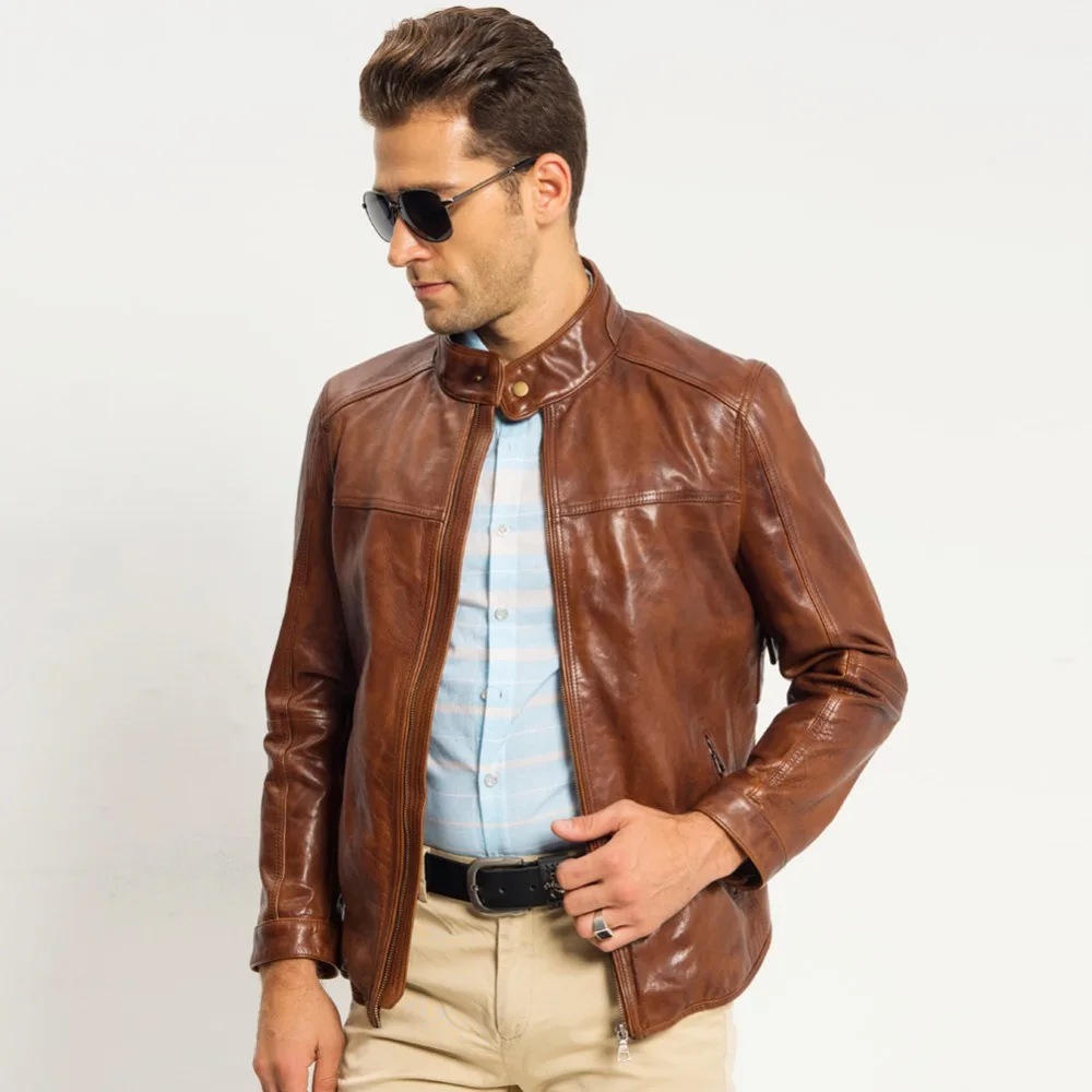 Мужская куртка из коровьей кожи облегающая мотоциклетная 100% натуральной TJ8103|jacket