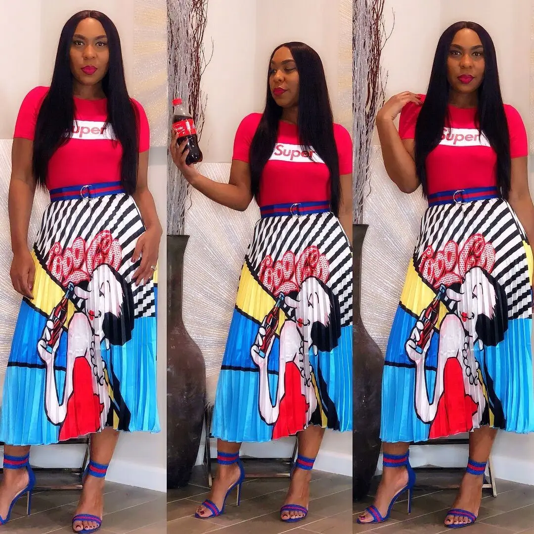 2019 Новый женский мультфильм полосы 3d принт Винтаж до середины икры Длина