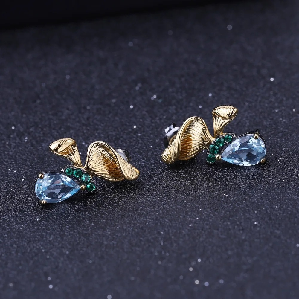 Gem балетки 925 пробы Серебряное кольцо ювелирные украшения 3.15Ct натуральный Небесно-Голубой топаз ручной работы бабочка, серьги со шпилькой, для Для женщин Brincos, можно носить