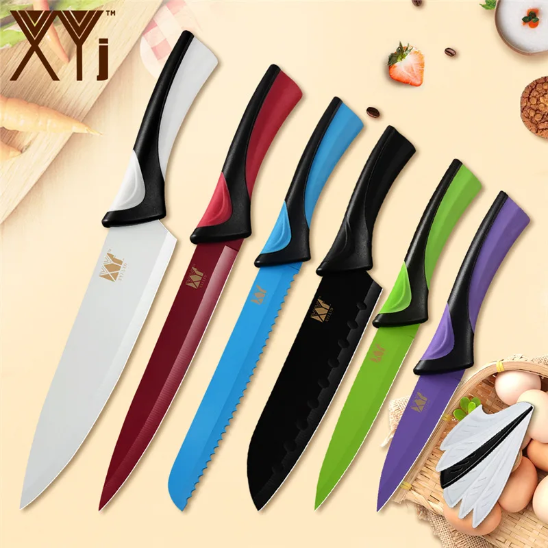 I.6pcs set XYj 6 шт. набор кухонных ножей из нержавеющей стали 8 ''шеф-повара 8'' нарезки 8 ''хлеба 7'' сантоку 5 ''Универсальный 3,5'' ножи для приготовления овощей - Цвет: I.6pcs set
