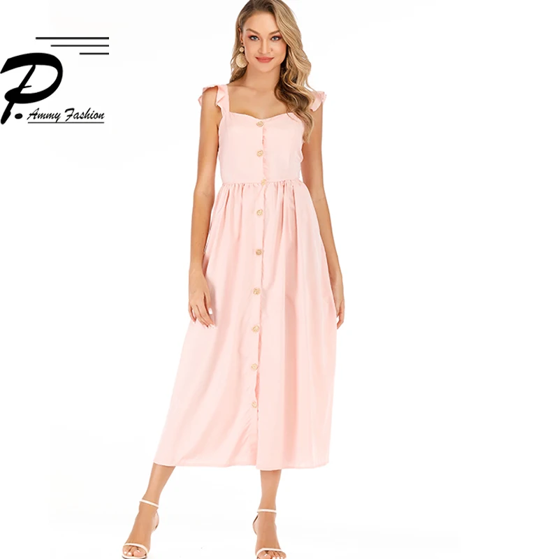 P Ammy 2019 Women Sleeveless Strap Mid-Long Dress Elegant Single-Breasted Stand Party female Solid Maxi vestido | Женская одежда