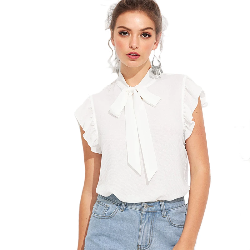 SHEIN горчичная элегантная Офисная Женская блузка с оборками на плечах и завязками на шее с цветочным принтом, летняя женская шифоновая блузка и блузки