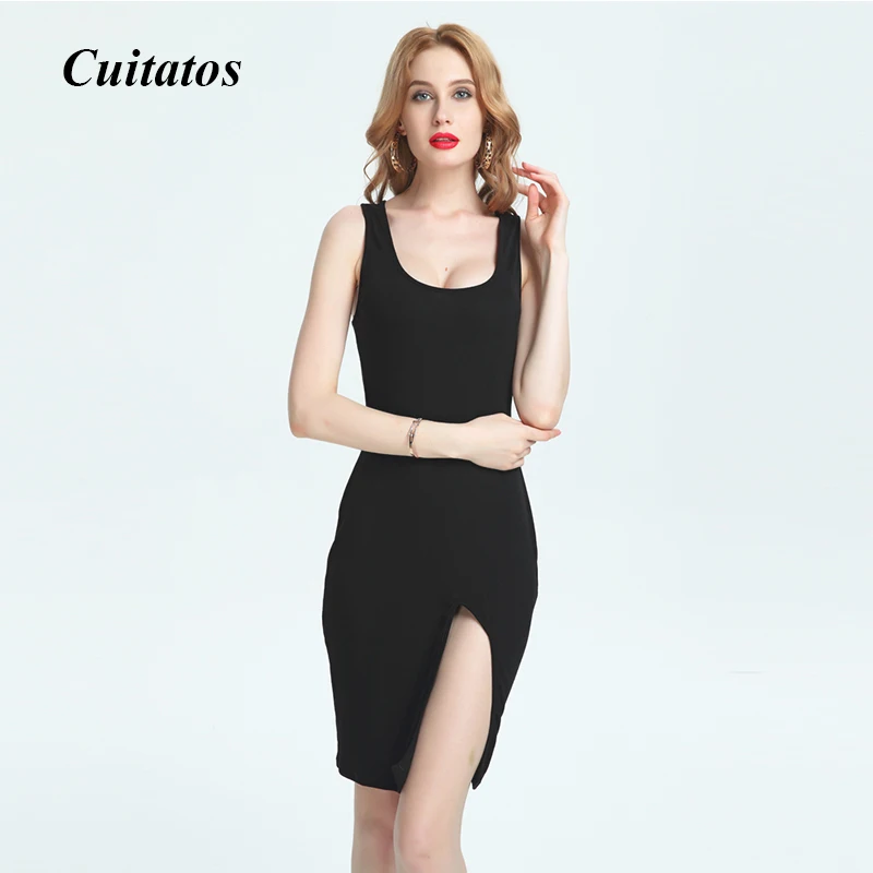 [Cuitatos] Женская мода новый Летнее платье без рукавов Bodycon пикантные черные Клубные