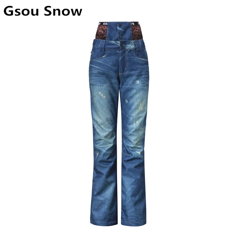 Women Winter Outdoor Padded Jeans Ski Pants Female Thick Waterproof High Waist Denim Snowboarding Climbing Sport Trousers