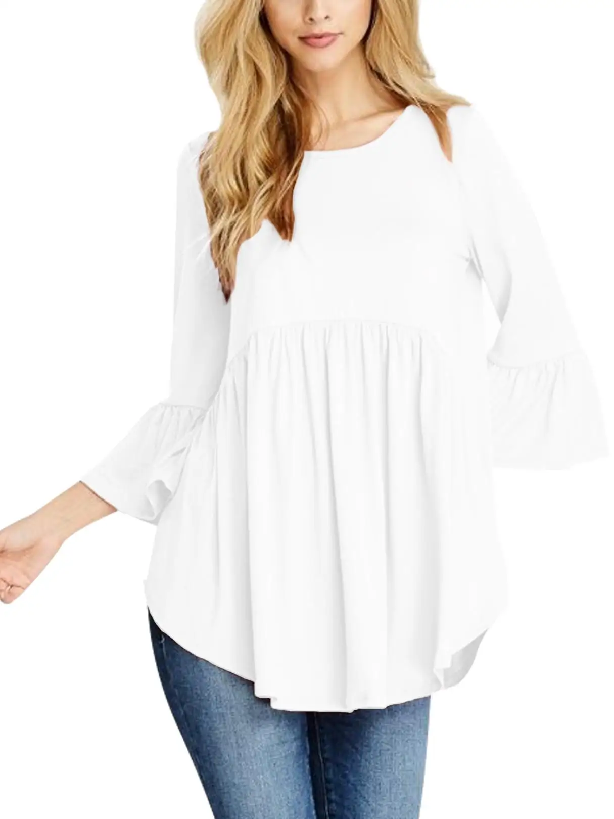 Женские блузки, рубашки, лето, повседневные свободные, из кусков, одноцветные, 3/4, рукав с оборками, круглый вырез, пуловер, длинные топы, рубашки размера плюс