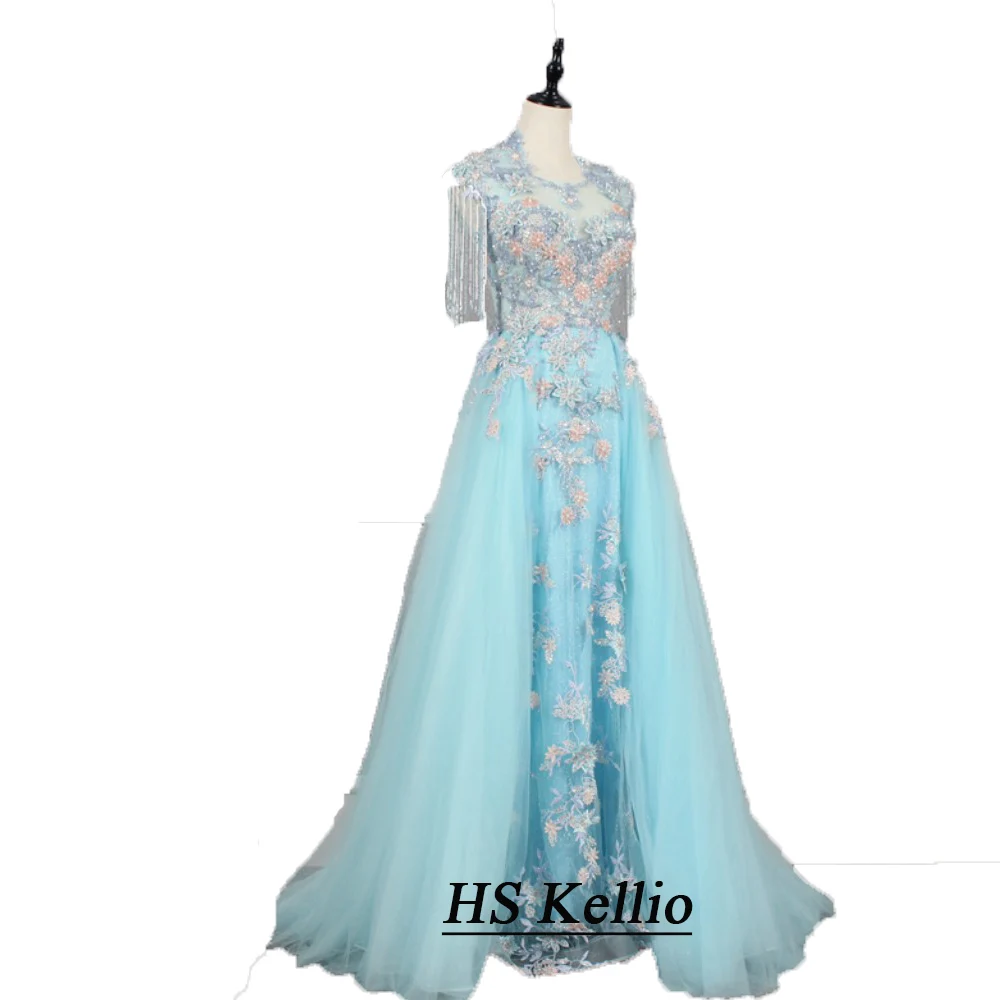 Prom Dress Blue Short Sleeve Beautiful Three-D Flowers Prom Gown With Waist Tail