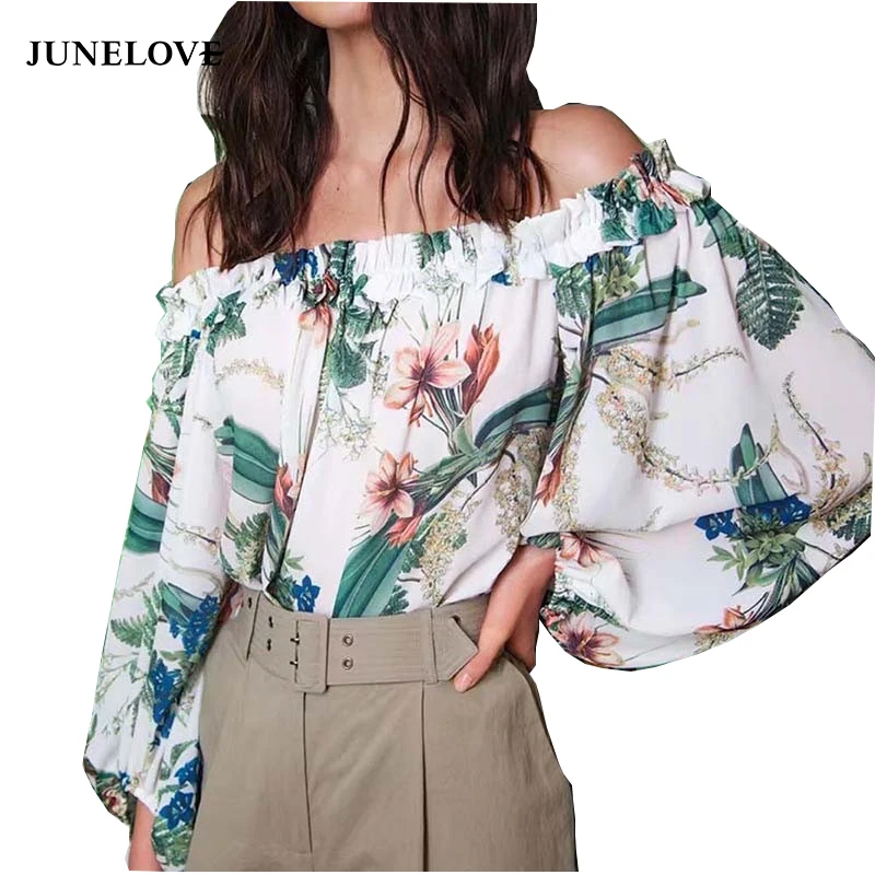 JuneLove 2018 women spring casual floral printed shirts slash neck lantern sleeve blouse chiffon ruffles blusas |