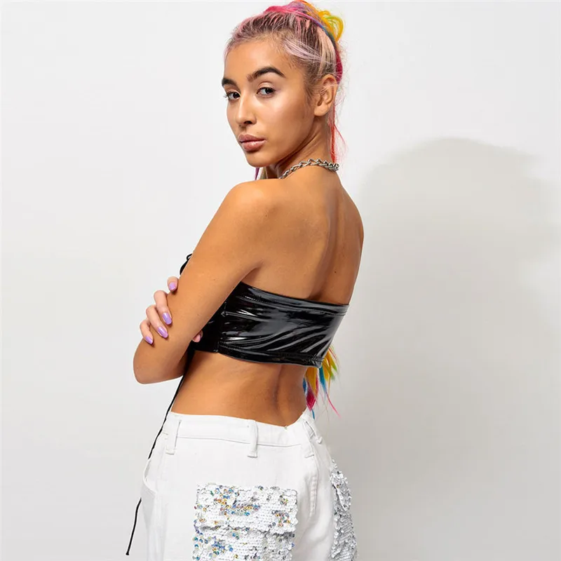 2019 PU Лоскутная Уличная Повседневная Черная короткий топ бюстгальтер с пряжкой на