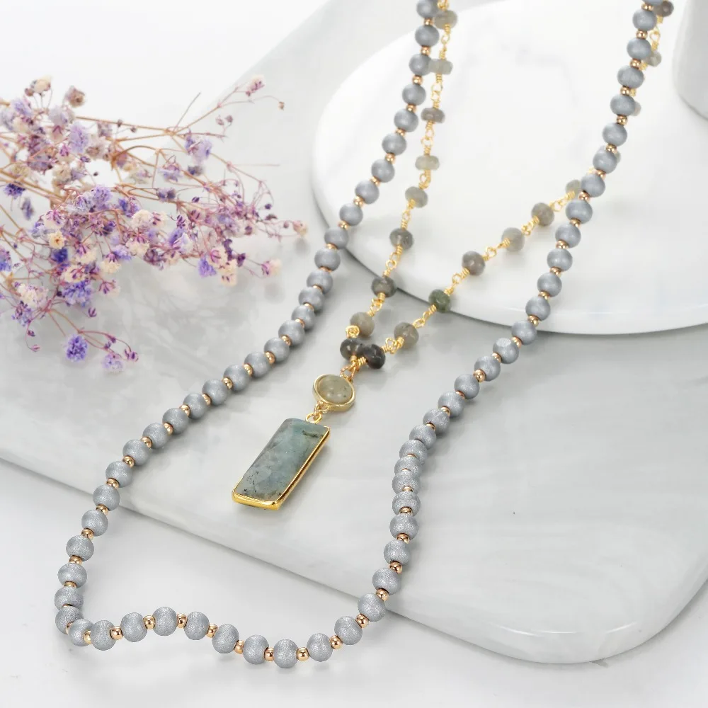 BOJIU Fashion Square Long Pendant Necklace Round Grey Crystal Women Wood Beads In Jewelry NKS193 | Украшения и аксессуары
