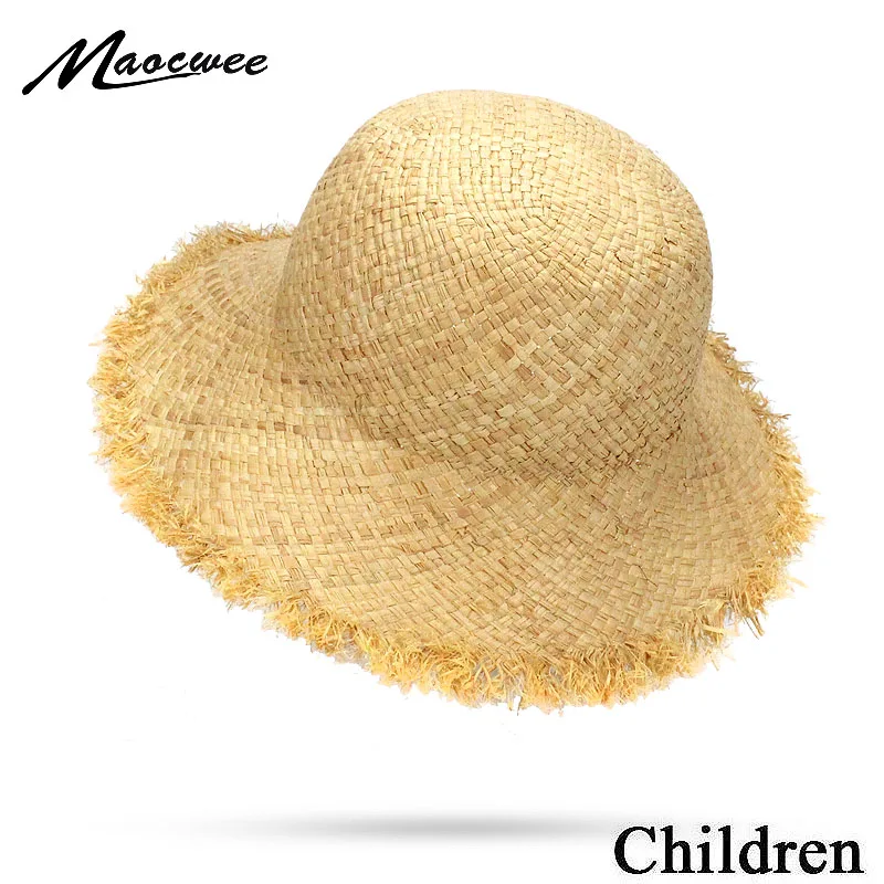 Girl Solid Straw Hats Dome Top Big Brim Baby Boy Children Straw Ribbons Beach Hat Cap for Teenage Panama  Vacation Trilby Hat