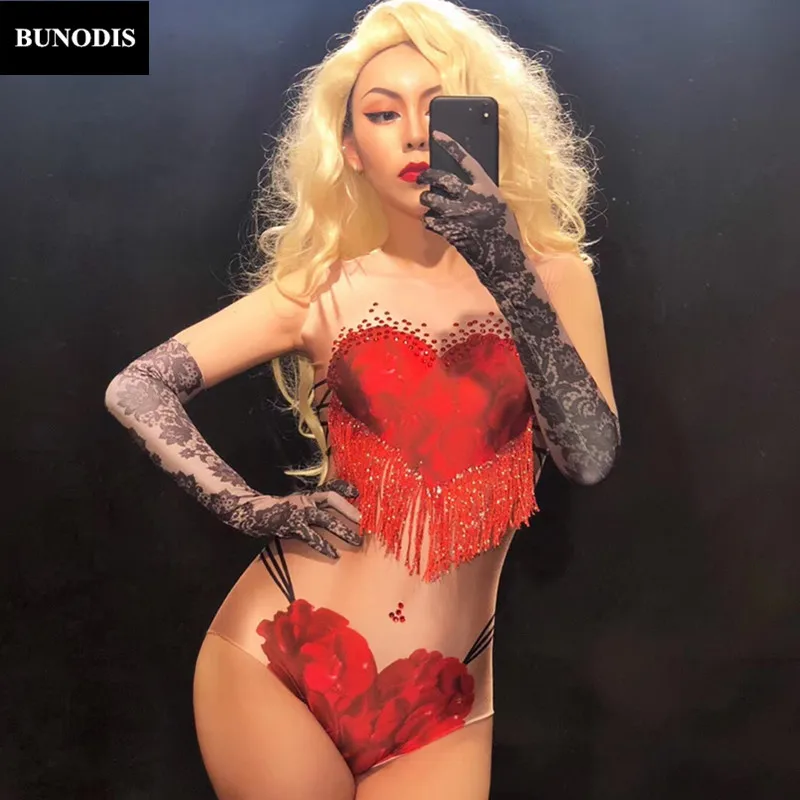 ZD299 Women Sexy Red Tassel Crystlas Bodysuit Sleeveless 3D Printing Flowers   Nightclub Party Dancer Singer Stage Wear Costumes