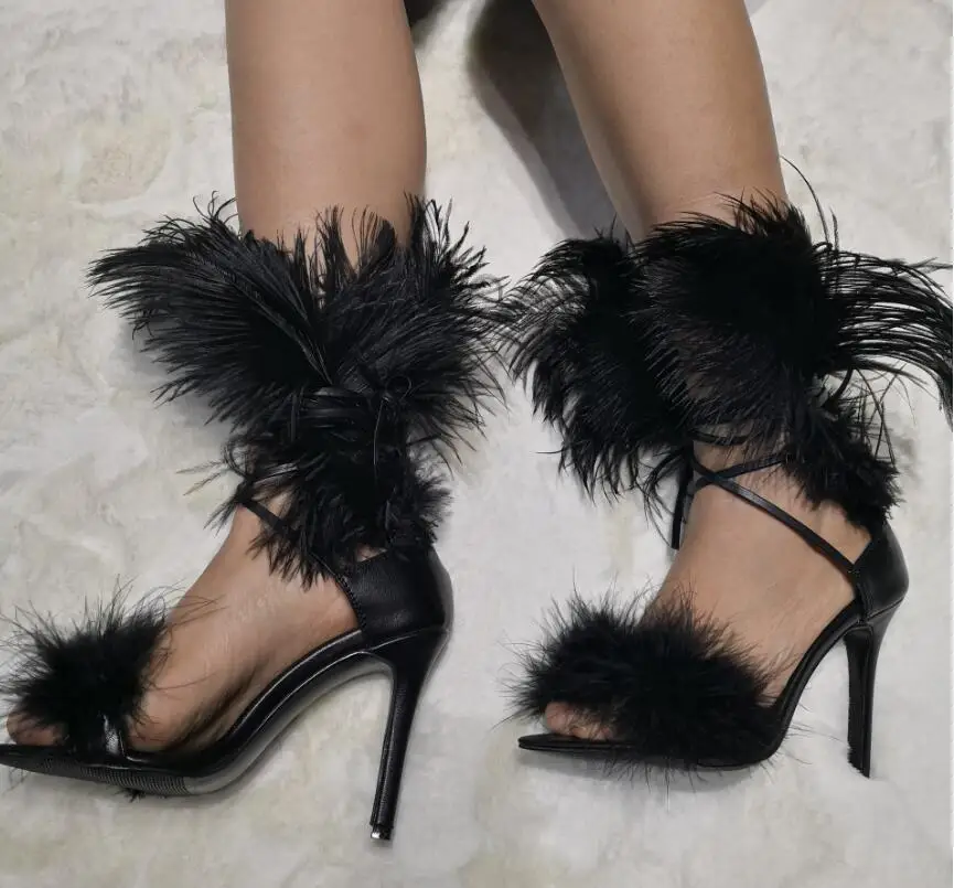 Stylesowner/женские сандалии с перьями и мехом страуса на шнуровке с ремешками на тонком каблуке; пикантная обувь для вечеринок с Т-образным ремешком; Летняя обувь с открытым носком