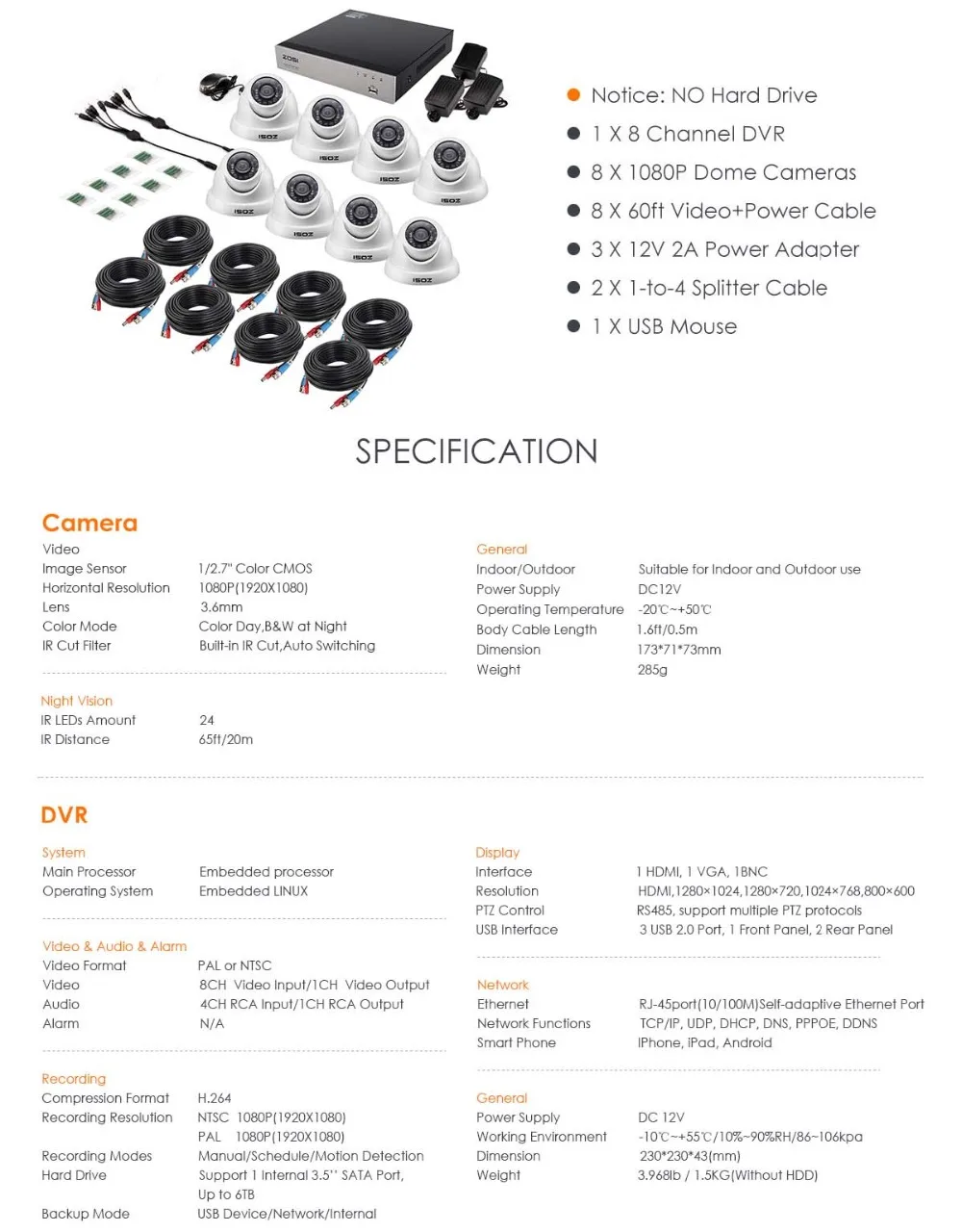 ZOSI 1080P безопасности Камера Системы 8CH CCTV Системы 8x2,0 Мп Крытый/наружного видеонаблюдения, Системы комплект предупреждения об обнаружении движения