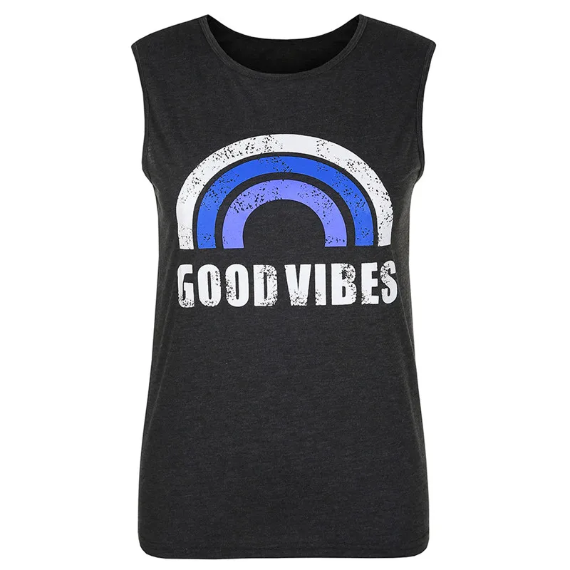 Летний женский топ на бретелях с принтом радуги и надписью Good Vibes, Женский Повседневный Свободный жилет с круглым вырезом,, сексуальный женский топ без рукавов