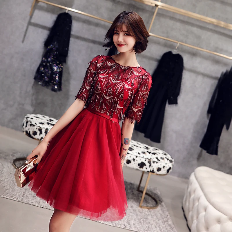 wei yin 2020 Robe De Cocktail Courte Tasse Elegant A Line Short Sleeve Tulle Dresses Wine Red Formal Party Gowns WY1608 | Свадьбы и