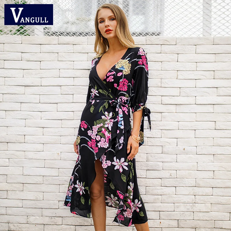 Vangull/винтажное платье с цветочным принтом женское запахом Бандажное бантом и