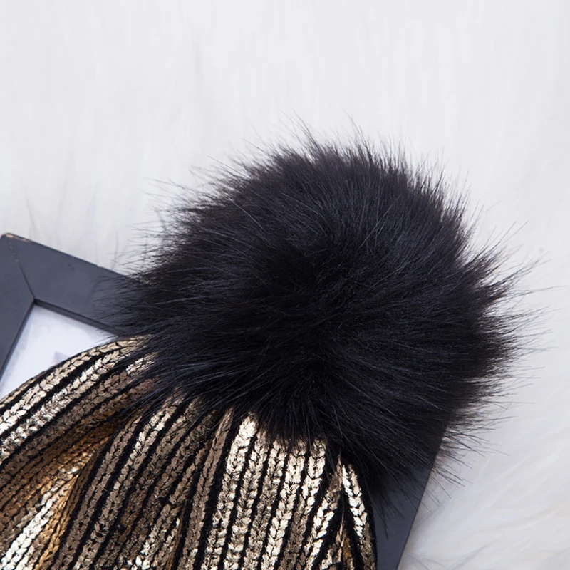 Вязаная шапка с помпоном для девочек и женщин зимняя теплая блестящая